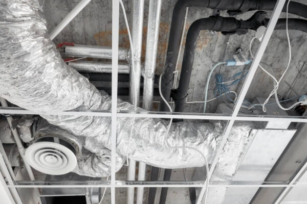 Hvac Ventilation system with pipes in silver insulation material in suspended ceiling during renovation.