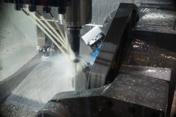 Duct cleaning CNC milling machine during operation. Produced milling parts with a strong supply of cooling lubricants.